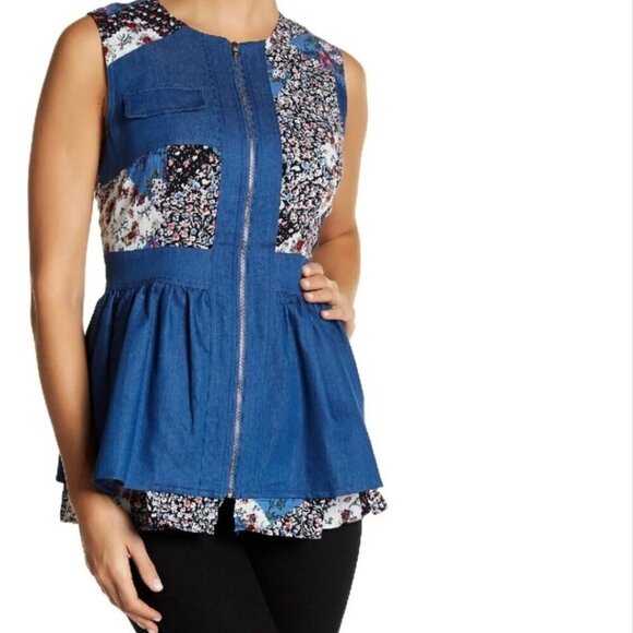 Gracia Women Top Medium Floral Patch Print Denim Peplum Blouse Art to Wear‎ - Picture 1 of 8